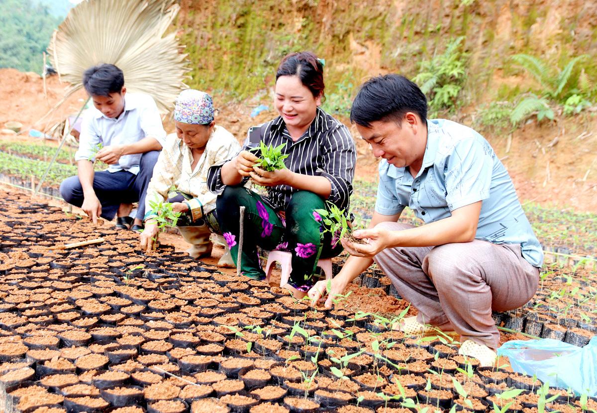 Bí thư Chi bộ kiêm Trưởng thôn Thượng Nguồn, xã Hữu Sản Giàng Seo Sàng (bên phải) vận động Nhân dân phát triển kinh tế, tạo nguồn kết nạp Đảng. Ảnh: thu phương