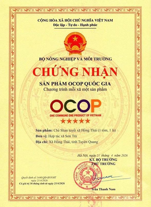 Chứng nhận Chè Shan tuyết Hồng Thái đạt OCOP quốc gia 5 sao.