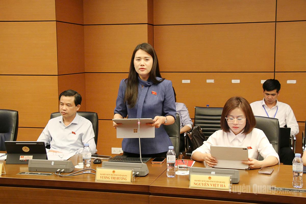 Đại biểu  Vương Thị Hương, Phó Chủ tịch UBND xã Pà Vầy Sủ, Đoàn ĐBQH tỉnh Tuyên Quang khóa XVI thảo luận về Dự án Luật Tín ngưỡng, tôn giáo (sửa đổi).