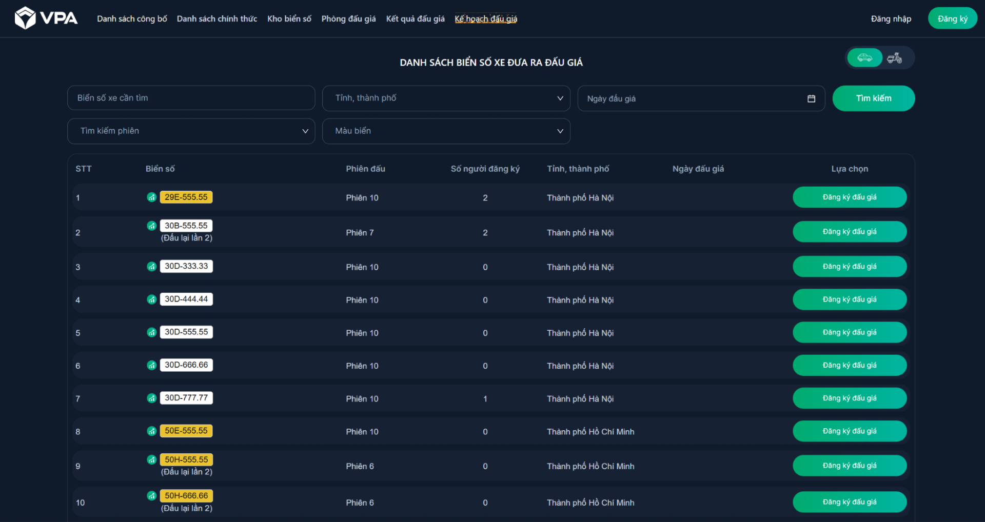 Giao diện trang web đấu giá của Công ty Đấu giá Hợp danh Việt Nam (VPA)