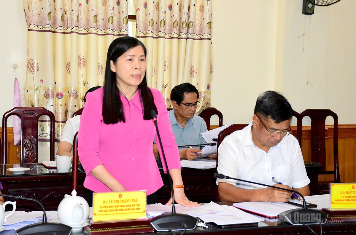 Đồng chí Lê Thị Thanh Trà, Ủy viên BCH Đảng bộ tỉnh, Phó Chủ tịch HĐND tỉnh phát biểu tại phiên họp.