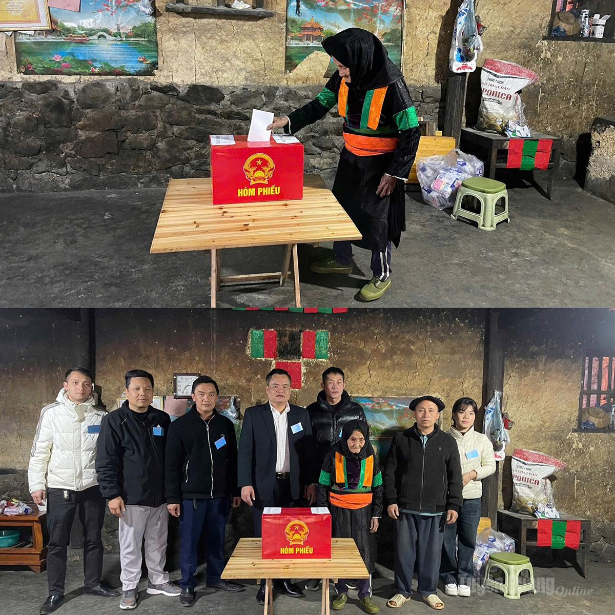 Cử tri cao tuổi Ly Thị Pà, 99 tuổi, thôn Lũng Táo, xã Lũng Cú được hỗ trợ bỏ phiếu tại nhà.