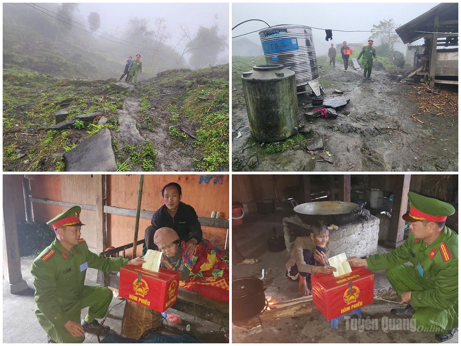 Tổ bầu cử vượt đồi, núi đi bộ hơn 5km đến thôn Xín Chải 2, xã Đường Thượng hỗ trợ cử tri bỏ phiếu.