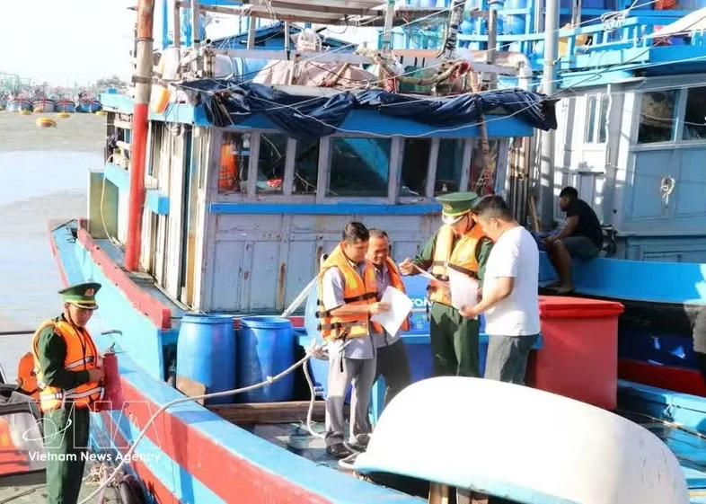 Officers from the Ca Na border guard station and the management board of Ca Na fishing port in Khanh Hoa province inspect documents related to fishermen’s vessels (Photo: VNA)