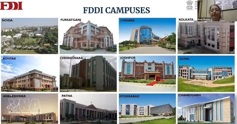 Renu Sharma from the Footwear Design and Development Institute (FDDI) introduces its campuses at the online seminar on April 9. (Photo: VNA)