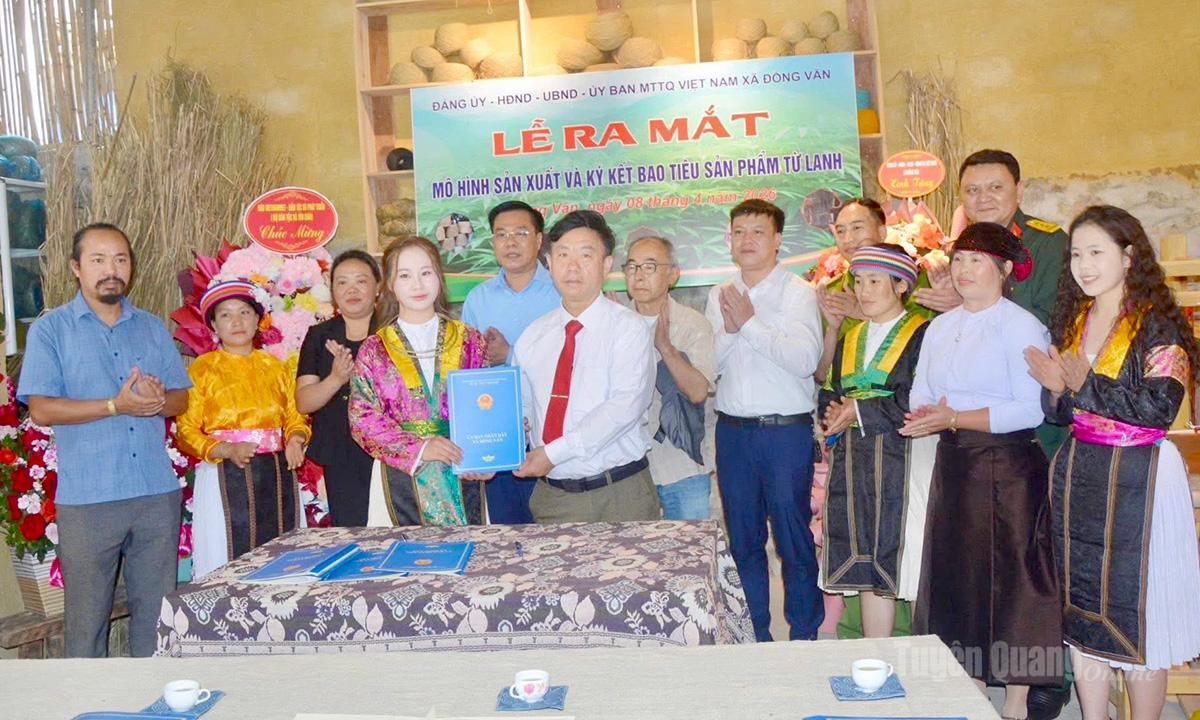 Đại diện cơ sở sản xuất ký kết bao tiêu sản phẩm với các hộ trồng Lanh.