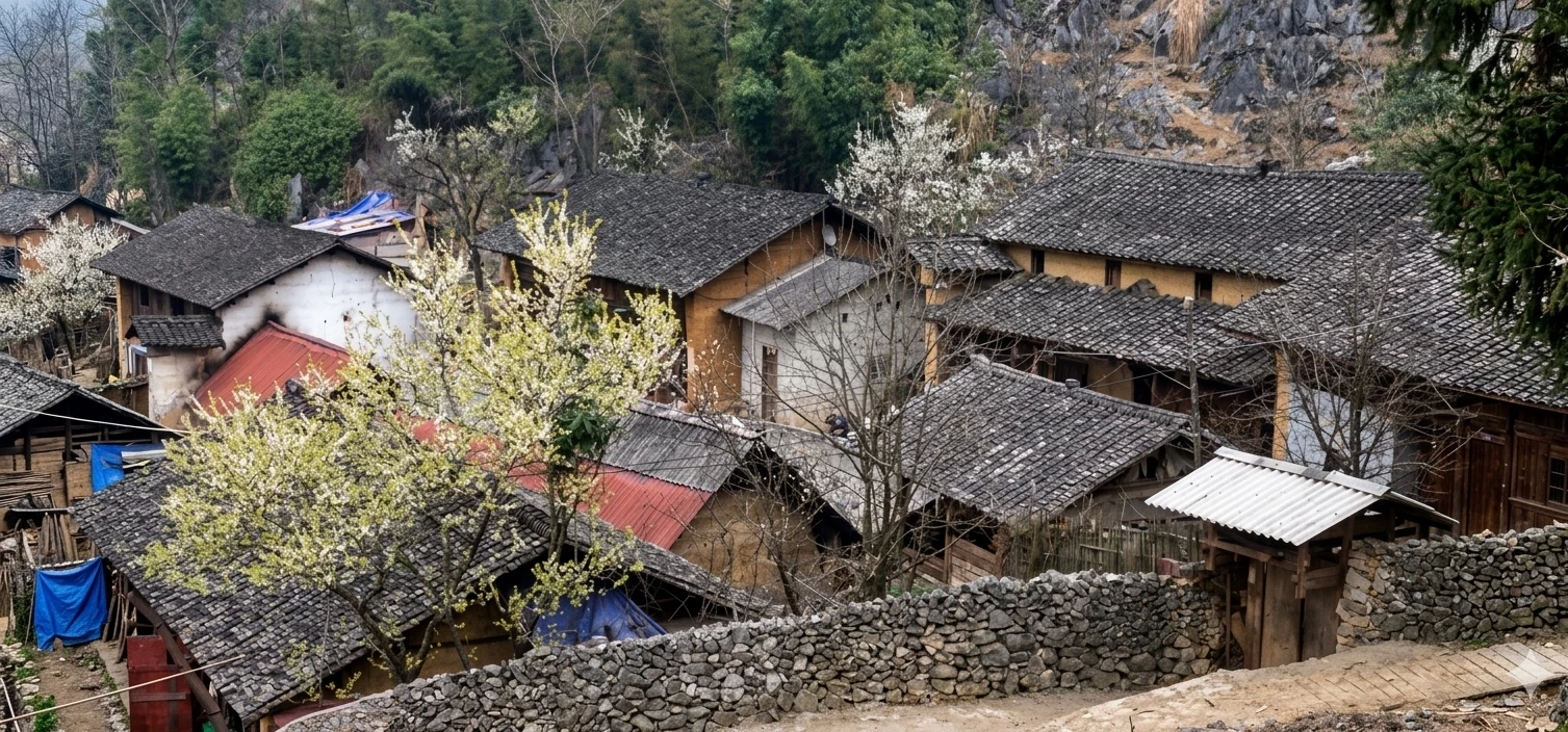 Earthen-walled houses, yin-yang tiled roofs, and stone fences create a unique and captivating picture of ancient architecture.