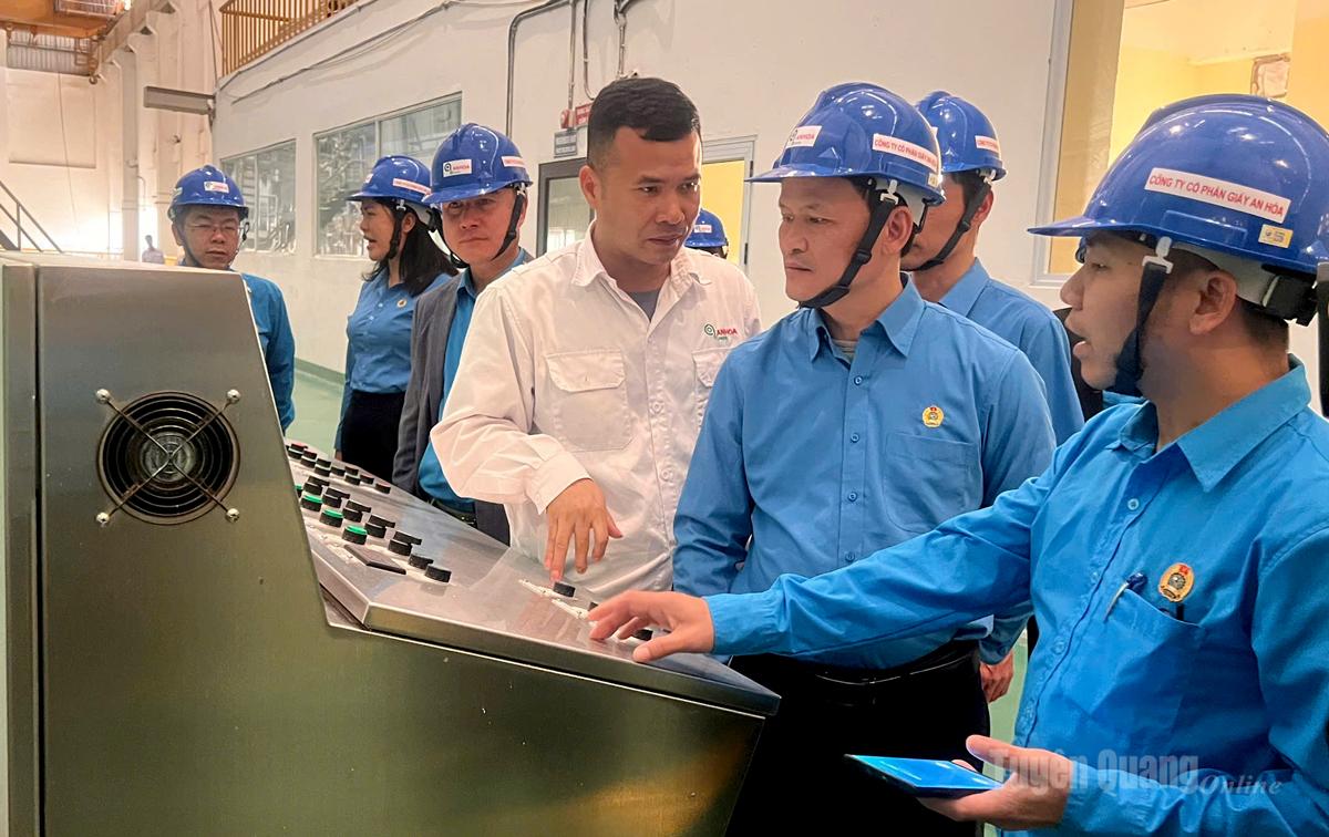Đồng chí Triệu Tài Phong, Ủy viên BCH Đảng bộ tỉnh, Phó Chủ tịch Uỷ ban MTTQ tỉnh, Chủ  tịch LĐLĐ tỉnh (thứ 2 từ phải qua trái) thăm, kiểm tra môi trường, điều kiện làm việc của đoàn viên Công đoàn cơ sở Công ty cổ phần Giấy An Hòa.