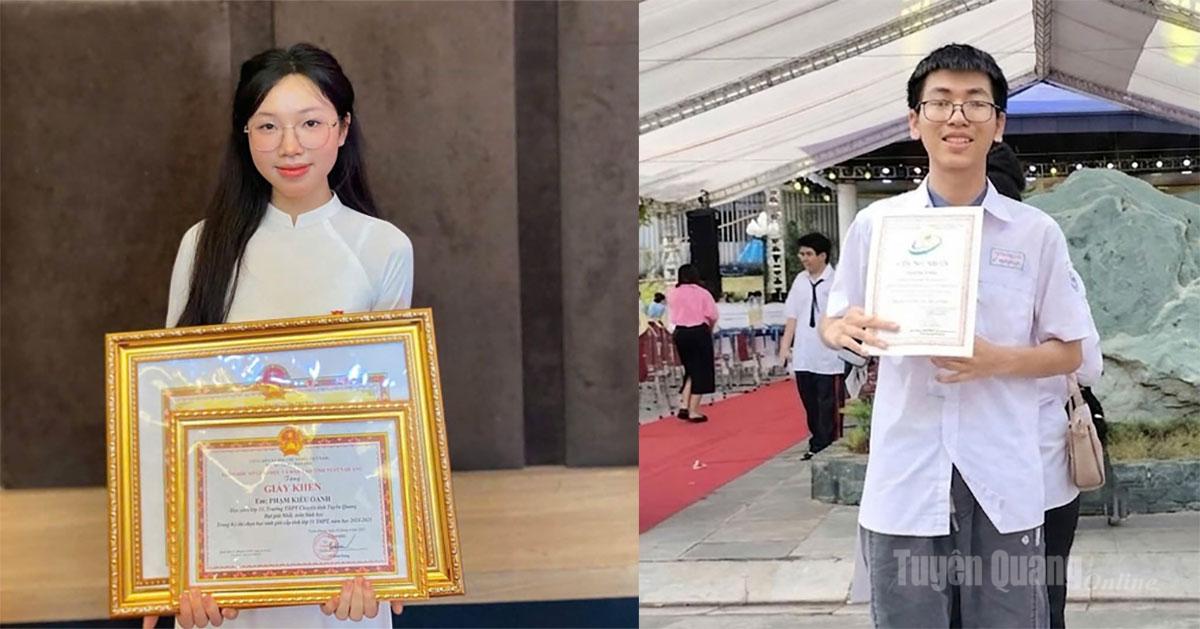 Em Phạm Kiều Oanh (ảnh trái), Trường THPT Chuyên Tuyên Quang và Em Trần Đức Hiếu (ảnh phải), Trường THPT Chuyên Hà Giang.