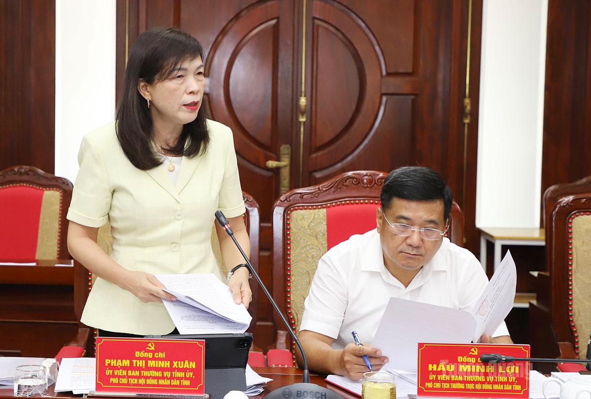 Phó Chủ tịch HĐND tỉnh Phạm Thị Minh Xuân thảo luận tại hội nghị.