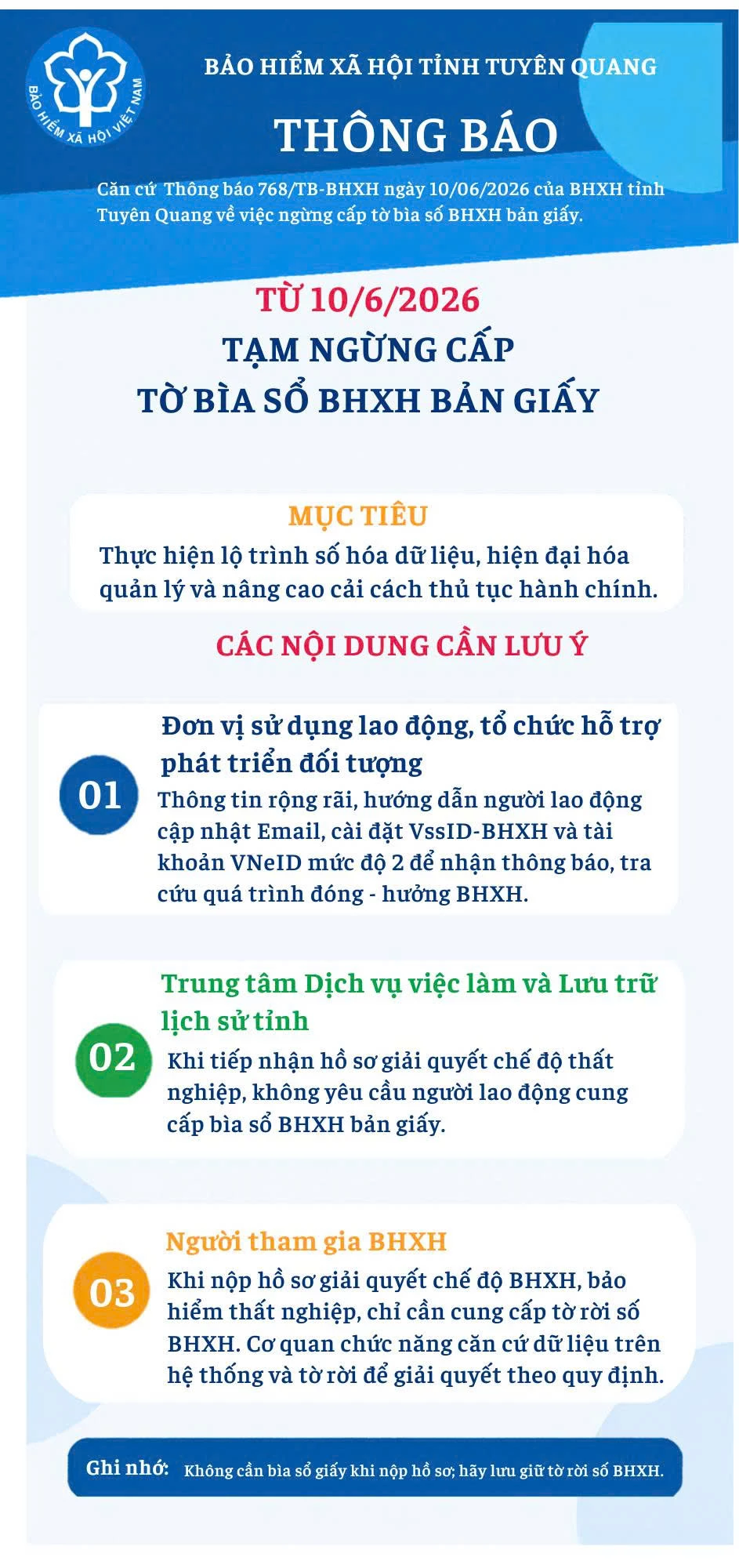 BHXH tỉnh Tuyên Quang tạm ngừng cấp tờ bìa sổ BHXH bản giấy từ ngày 10-6.
