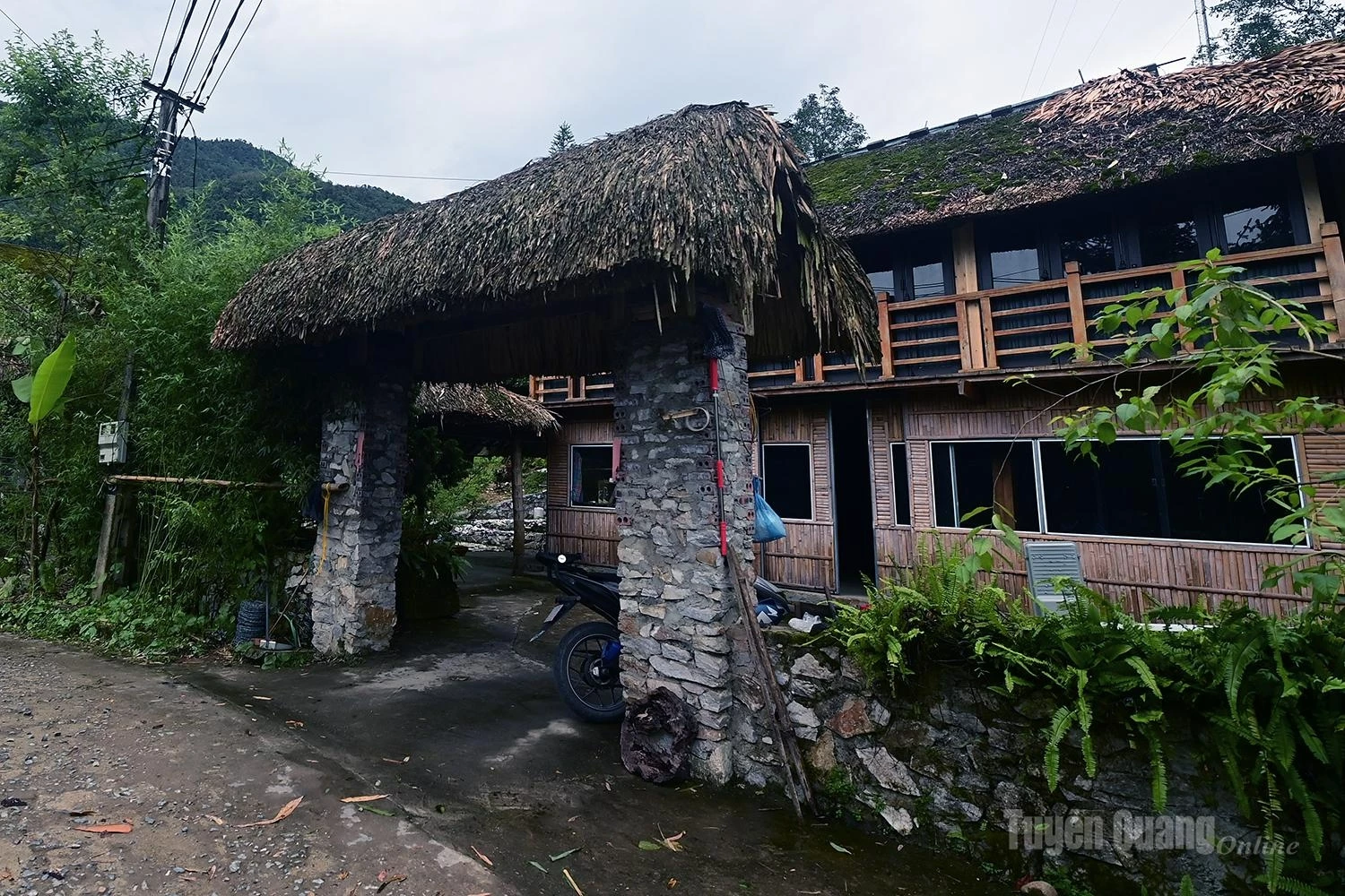 The houses, along with their gates, are all roofed with palm leaves.