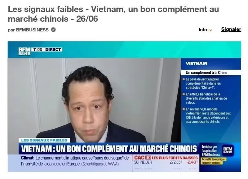 Speaking to French business and financial news channel BFM Business, Mickaël Driol, CEO of Mekong Partners, notes that amid global trade tensions and geopolitical uncertainty, multinational companies are increasingly diversifying their supply chains, with Viet Nam emerging as a key beneficiary of this trend (Photo: Screenshot)