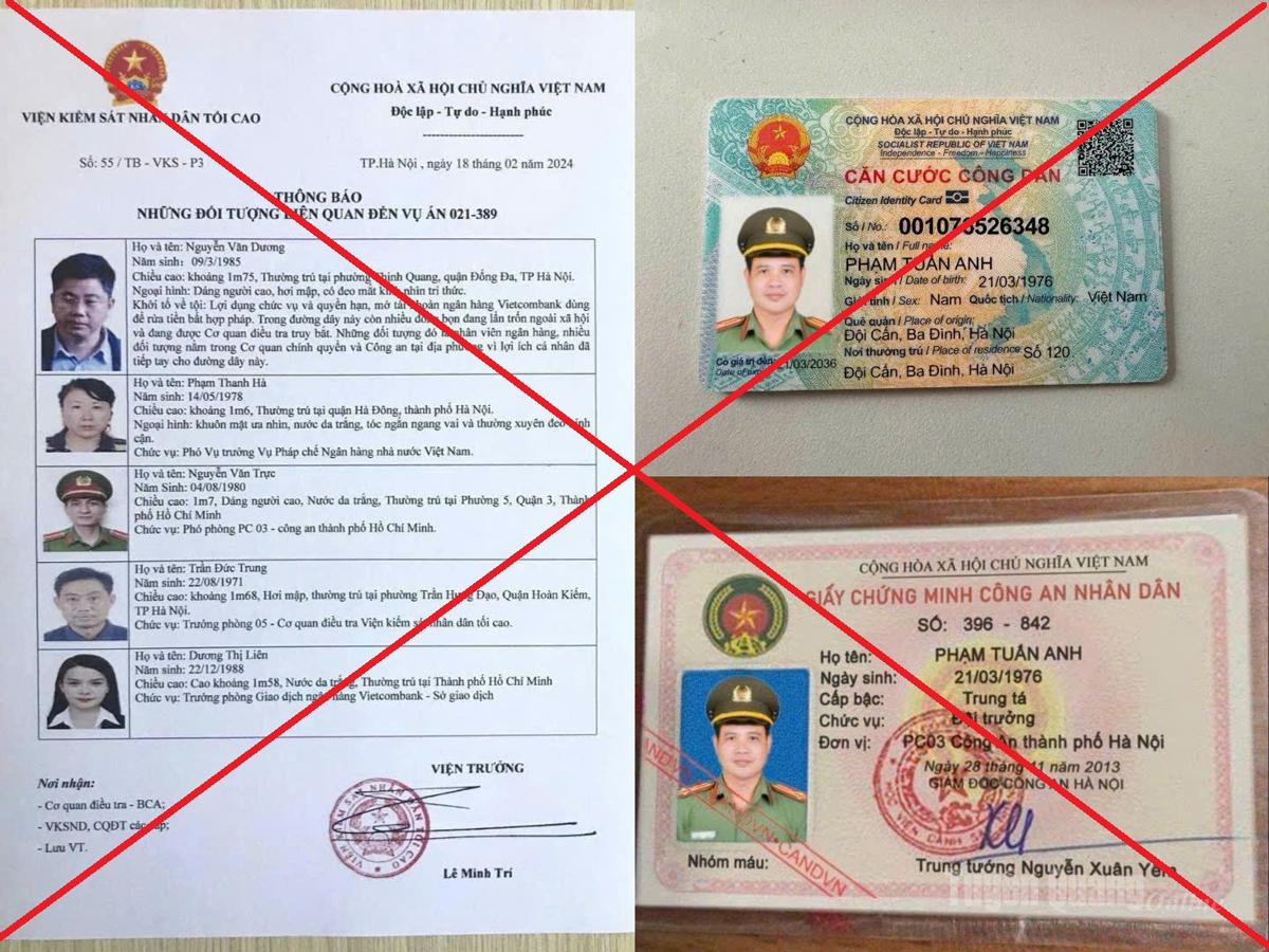 Thông báo những đối tượng liên quan đến vụ án 021-389, Giấy chứng minh Công an nhân dân và thẻ Căn cước  mang tên Phạm Tuấn Anh đối tượng xấu đã gửi cho chị P.M.T. để tạo lòng tin.