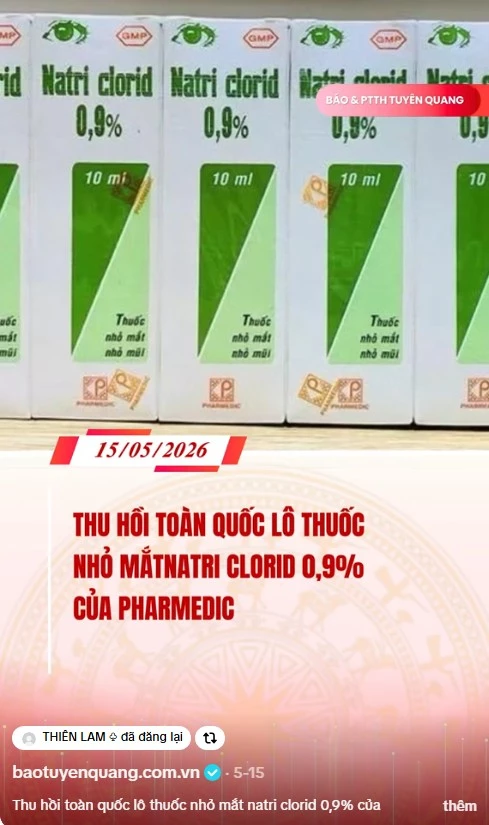 Thu hồi to&agrave;n quốc l&ocirc; thuốc nhỏ mắt natri clorid 0,9% của Pharmedic do kh&ocirc;ng đạt chất lượng