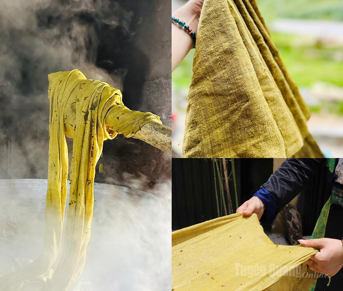 Some fabrics are dyed yellow using wild raspberry flowers.