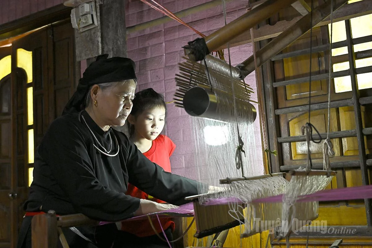 Bà Ma Thị Mậu, dân tộc Tày thôn Nà Chang vẫn say sưa với nghề dệt vải thổ cẩm để giữ gìn bản sắc dân tộc.