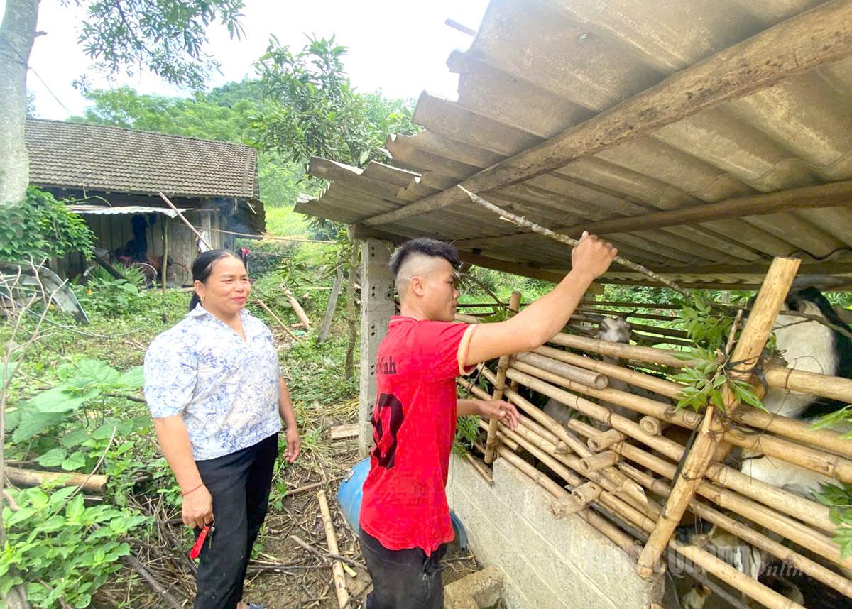 Bí thư Chi bộ Ma Thị Bầu thăm mô hình nuôi dê sinh sản của hộ anh Hà Văn Tỉnh.