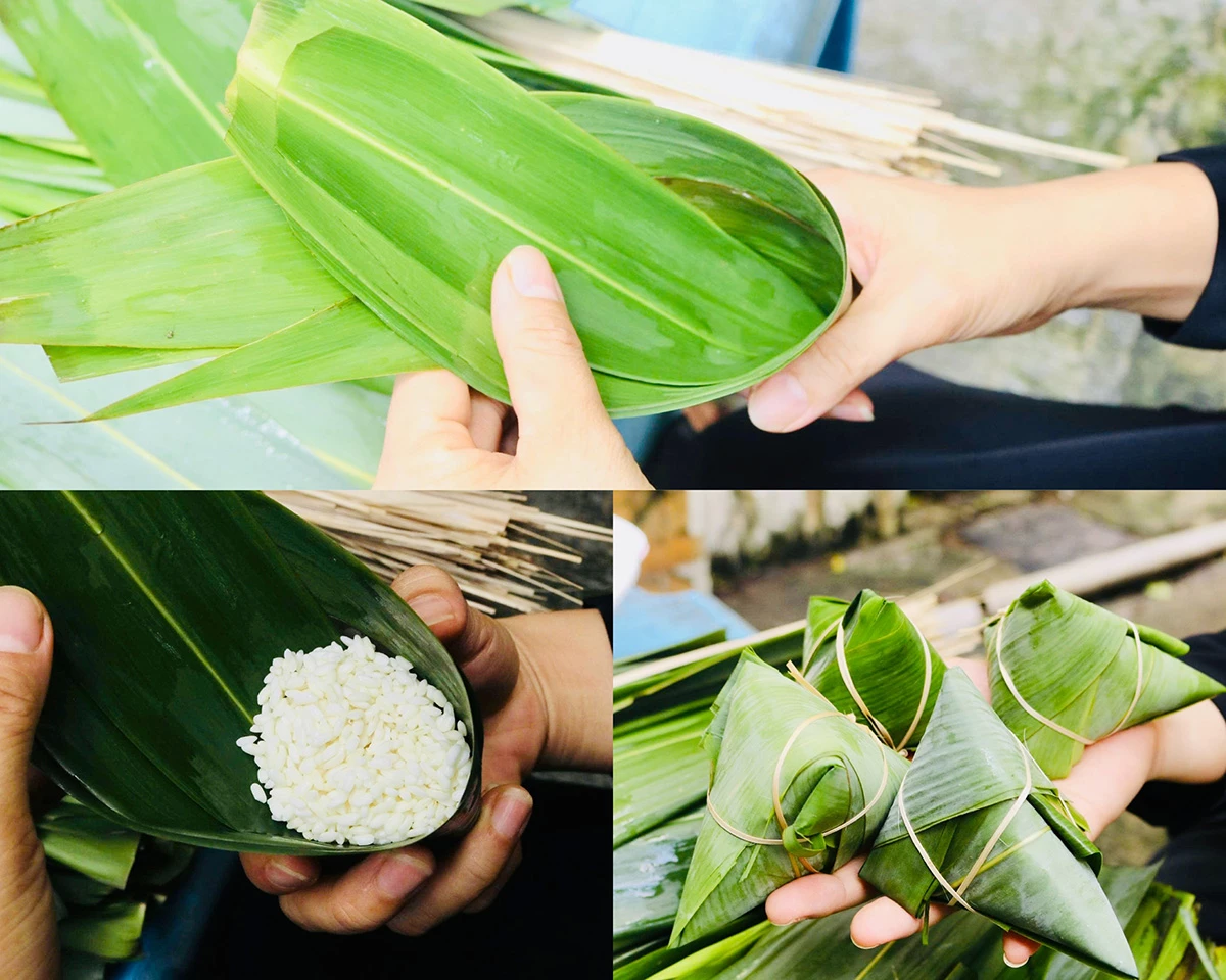 Để gói bánh thường cuốn một đầu lá thành hình phễu, múc một ít gạo nếp đổ vào. Sau đó tiếp tục gấp hết phần còn lại của lá chung quanh khối hình phễu thành một khối tam giác cho thật kín, dùng dây chuối hoặc dây lạt cột lại thành một hình chữ thập cho chắc chắn.