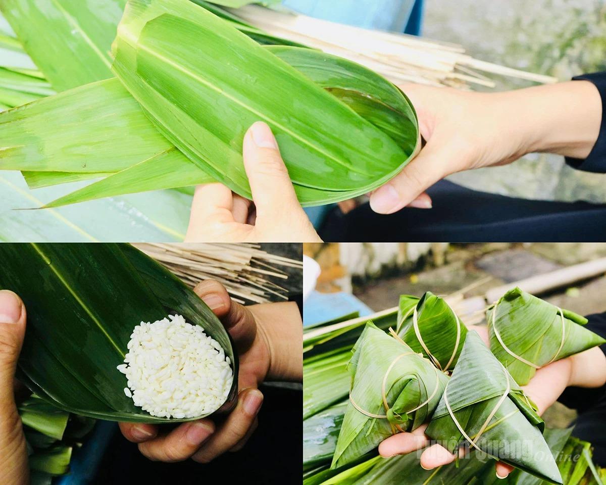 To wrap the cake, one end of the leaf is first rolled into a funnel shape. Then, a small amount of glutinous rice is poured in. The remaining part of the leaf is carefully folded around the funnel to form a tight triangular shape. Finally, the cake is securely tied with banana fiber or bamboo strings in a cross pattern to keep it tight.