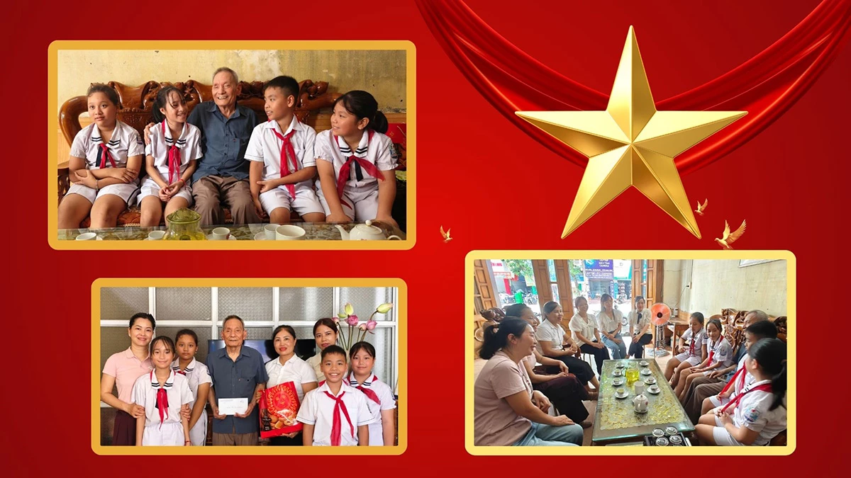 Các em học sinh trường Tiểu học Trường Thành đến thăm ông  Hoàng Ngọc Phả, thương binh hạng 2/4 tại phường Minh Xuân.