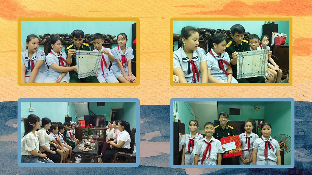 Thương binh Dương Phú hùng kể cho các em học sinh câu chuyện về chiếc khăn với 21 vết đạn pháo.