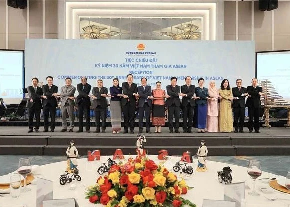 Deputy Prime Minister and Minister of Foreign Affairs Bui Thanh Son (eighth from left) and delegates at the reception on July 28 (Photo: VNA)