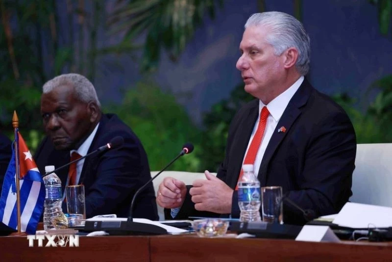 Bí thư Thứ nhất Đảng Cộng sản Cuba, Chủ tịch Cuba Miguel Diaz Canel Bermudez phát biểu tại cuộc hội đàm với Tổng Bí thư, Chủ tịch nước Tô Lâm. 