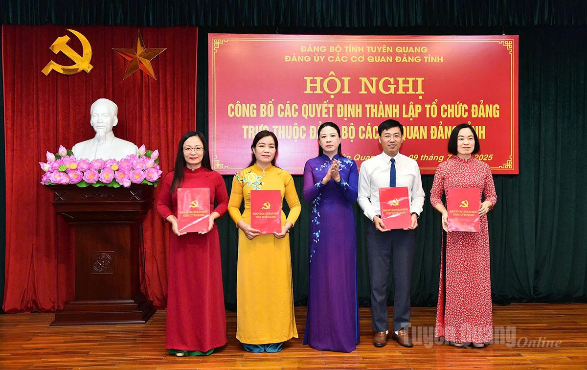 Đồng chí Lê Thị Kim Dung, Phó Bí thư Thường trực Tỉnh ủy, Bí thư Đảng ủy các cơ quan Đảng tỉnh trao quyết định thành lập các cơ quan chuyên trách  tham mưu giúp việc Đảng ủy.