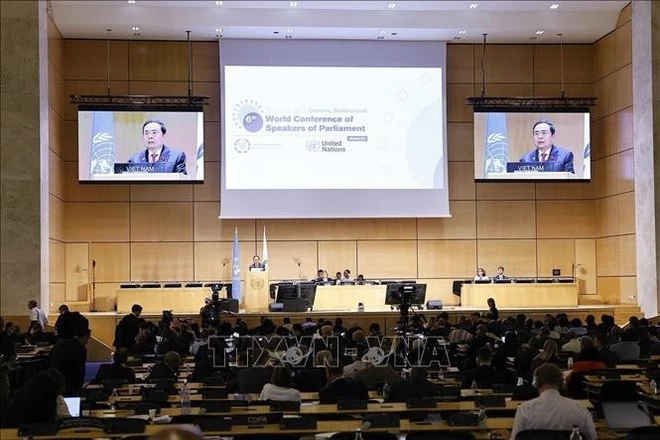 Chairman of the Vietnamese National Assembly (NA) Tran Thanh Man addresses a general debate of the sixth World Conference of Speakers of Parliament 