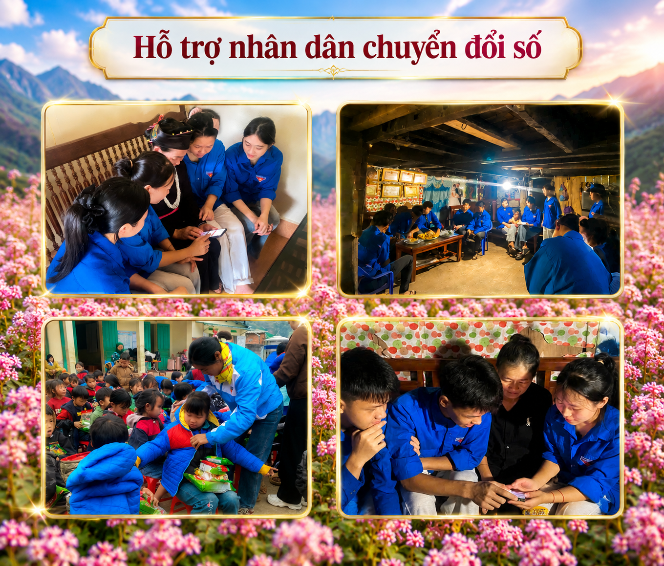 Các Đảng viên trẻ thế hệ 10X cùng các đoàn viên thanh niên đến các gia đình người dân hỗ trợ hướng dẫn nhân dân chuyển đổi số và tham gia các hoạt động
tình nguyện tại quê hương.