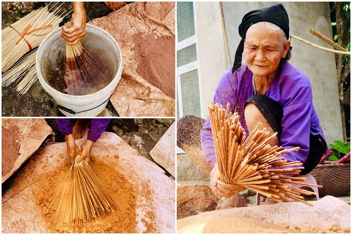 To coat the incense, people first dip the bamboo stick into a bucket of water, then roll it repeatedly over the prepared herbal powder. The stick is dipped into the water again and rolled several more times until the incense reaches the thickness of a chopstick.