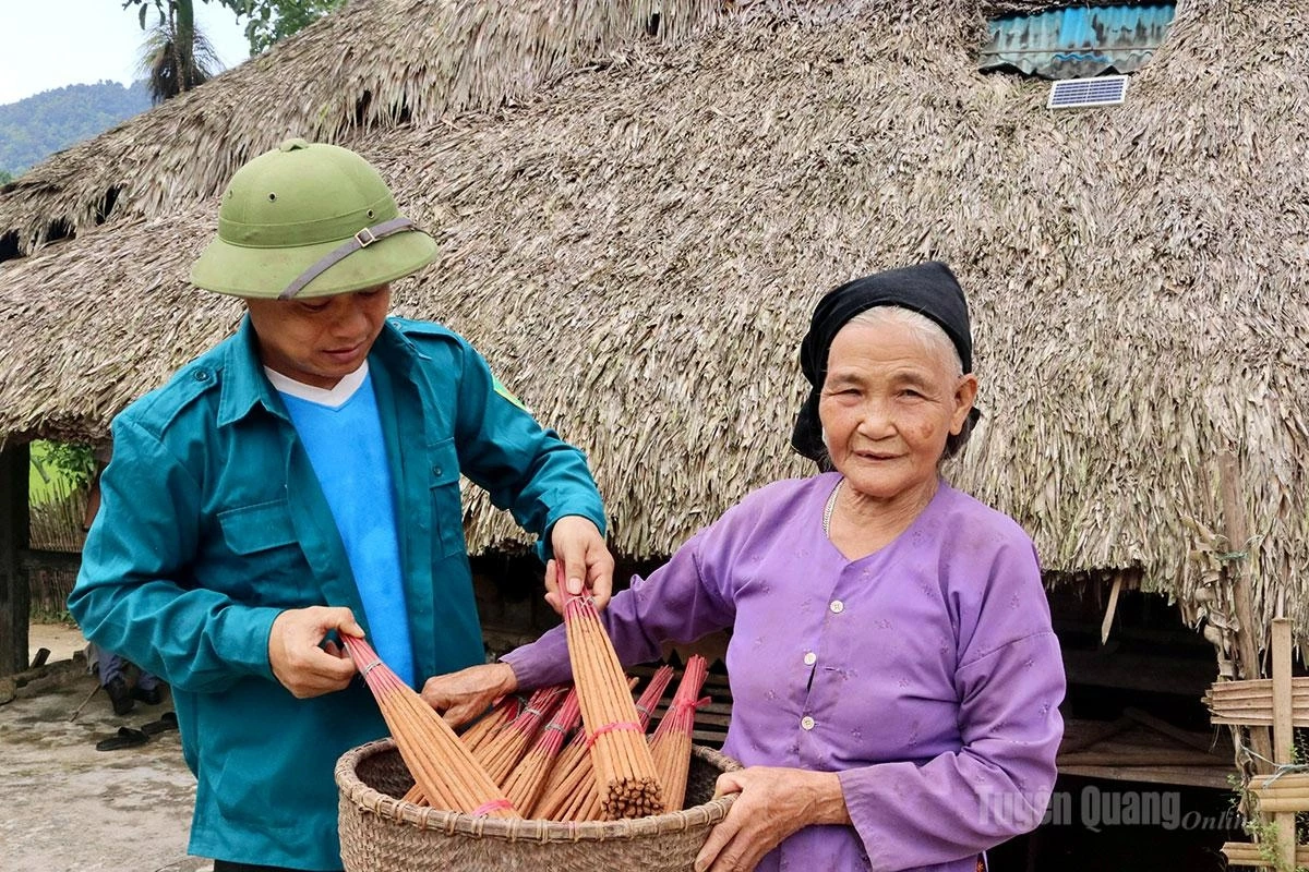 Finished bundles of incense are neatly tied and prepared for sale.
