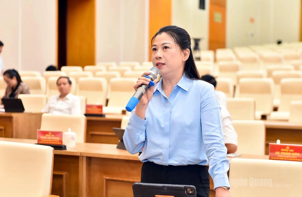 Đồng chí Phó Bí thư Thường trực Tỉnh ủy Lê Thị Kim Dung phát biểu thảo luận tại Tổ thảo luận số 1.