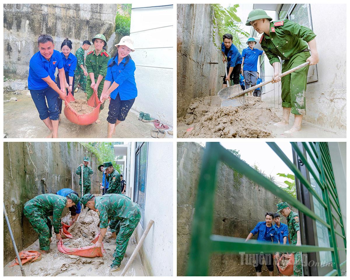 Anh Lù Xuân Việt, Bí thư Đoàn Thanh niên xã Thàng Tín cho biết, do khối lượng công việc lớn, Đoàn xã đã huy động hơn 20 đoàn viên tham gia hỗ trợ. Khu vực phía sau dãy lớp học của học sinh khá chật hẹp, không thể đưa máy móc vào, nên toàn bộ công việc đều phải thực hiện thủ công, bằng sức người.