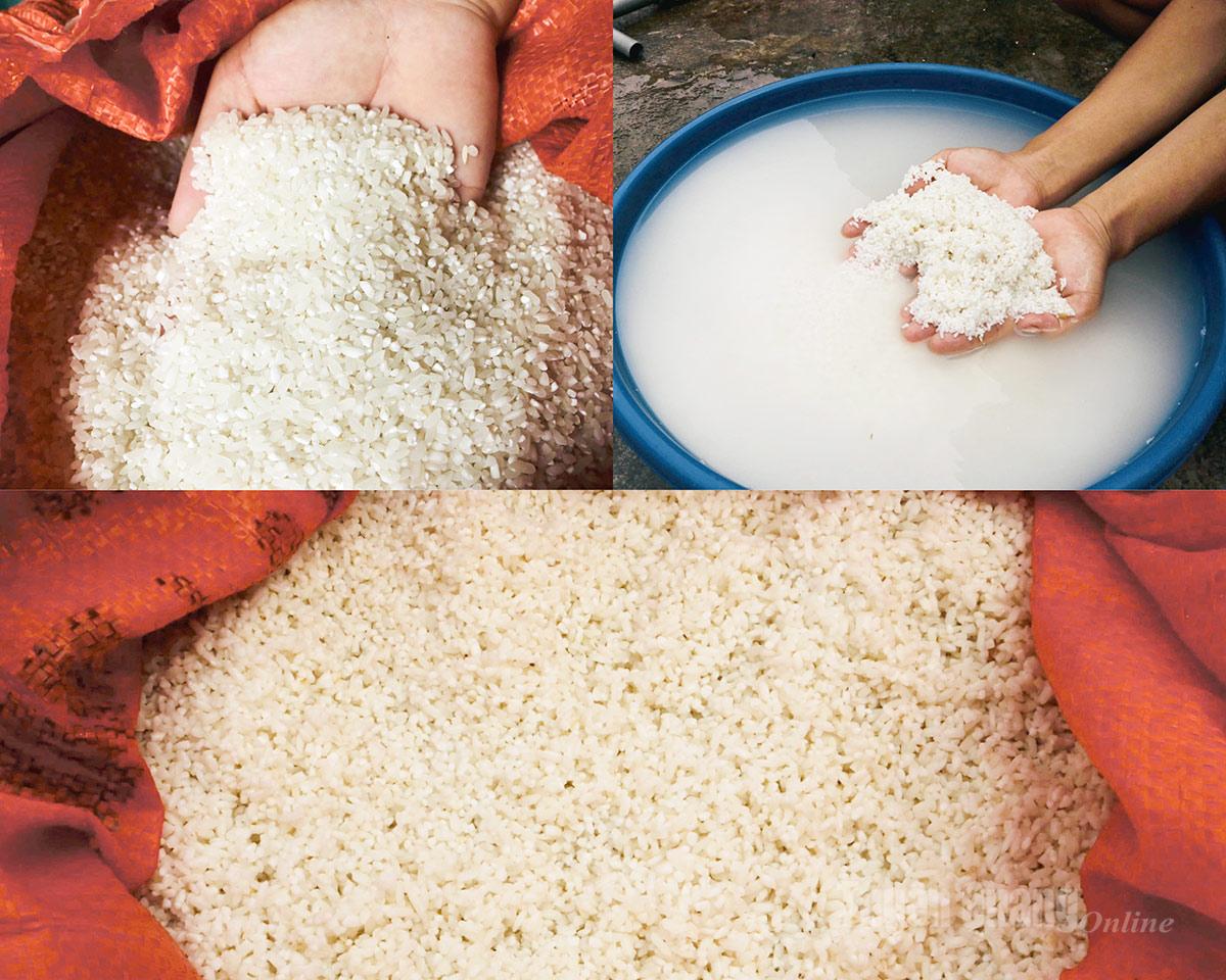 The process begins with carefully selected rice, soaked overnight to soften before being pounded into fine flour.