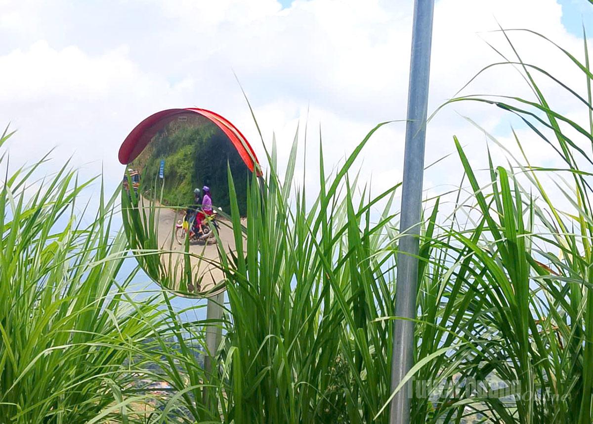 Một chiếc gương bị che khuất bởi những búi cỏ chăn nuôi do người dân trồng bên cạnh. (Ảnh chụp lúc 16h40, ngày 10-8-2025 trên tuyến đường Quản Bạ - Yên Minh).