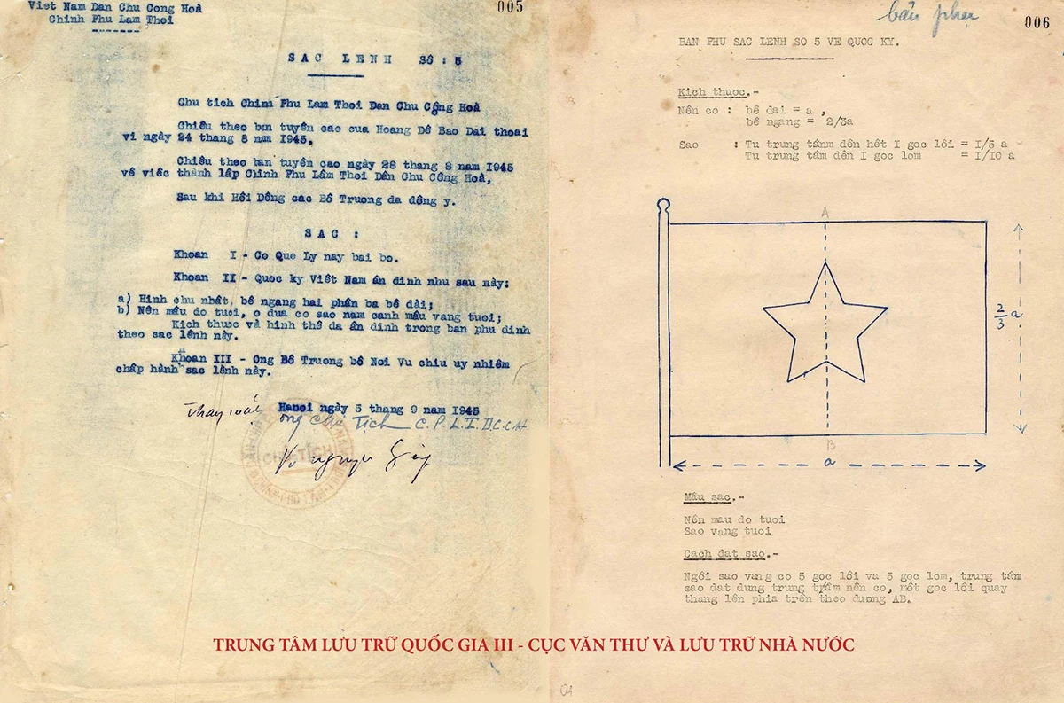 Sắc lệnh số 5-SL ngày 5/9/1945 của Chủ tịch Chính phủ Lâm thời về việc bãi bỏ cờ quẻ ly và ấn định Quốc kỳ Việt Nam và Phụ lục mẫu Quốc kỳ kèm theo Sắc lệnh.