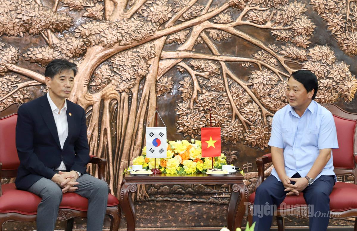 Bí thư Tỉnh ủy Hầu A Lềnh trao đổi với ông Kwon Sung Taek, Chủ tịch Hiệp hội Kinh tế và Văn hóa Hàn – Việt về tiềm năng, lợi thế của tỉnh Tuyên Quang.