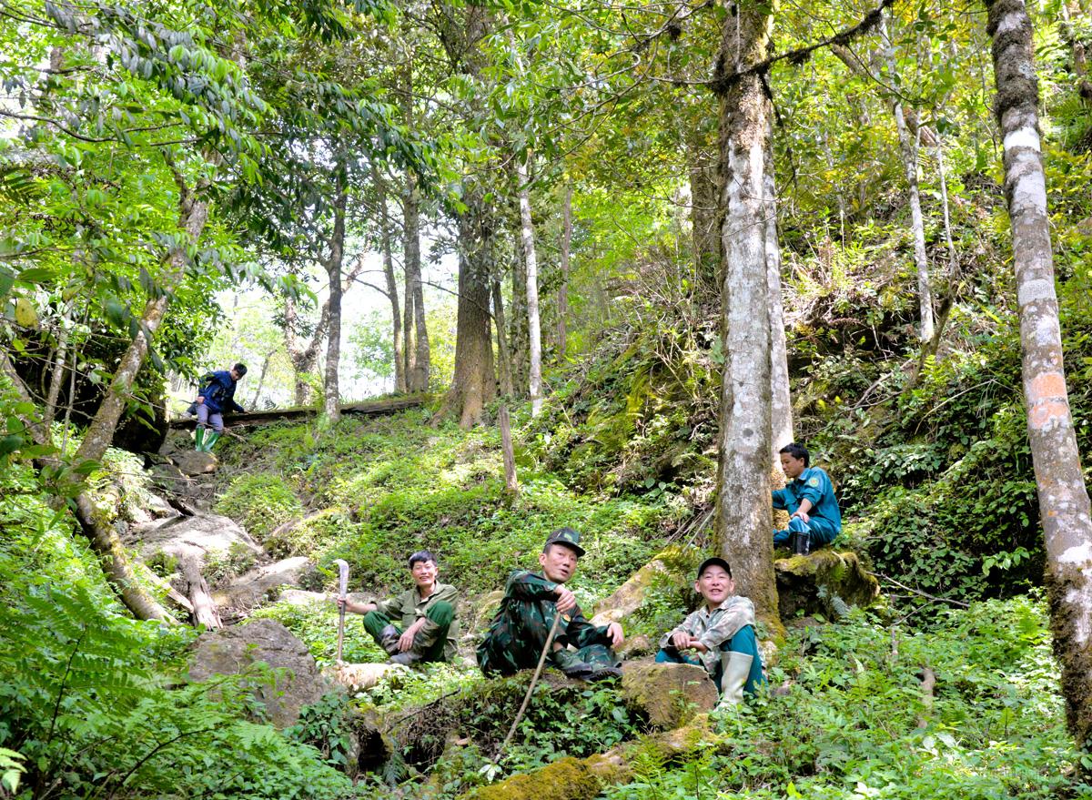 Because of steep slopes and jagged rock ledges along the forest path, the patrol team had to move slowly, pausing to rest along the way.