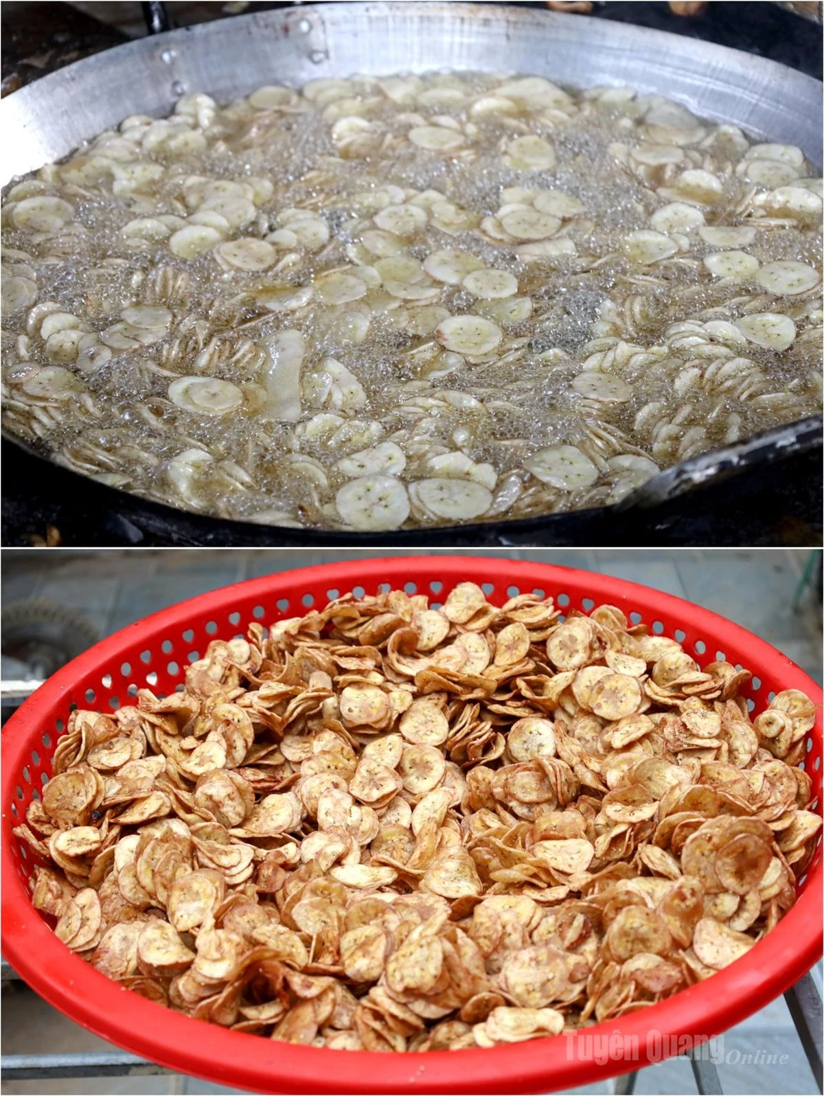 Banana chips are crunchy after being deep-fried in oil.