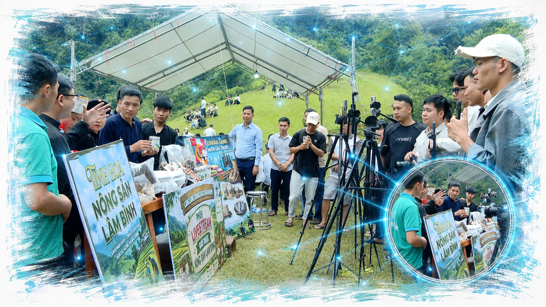 Người dân và các nhà sáng tạo nội dung tham gia livestream giới thiệu, quảng bá nông sản địa phương tại Lâm Bình.