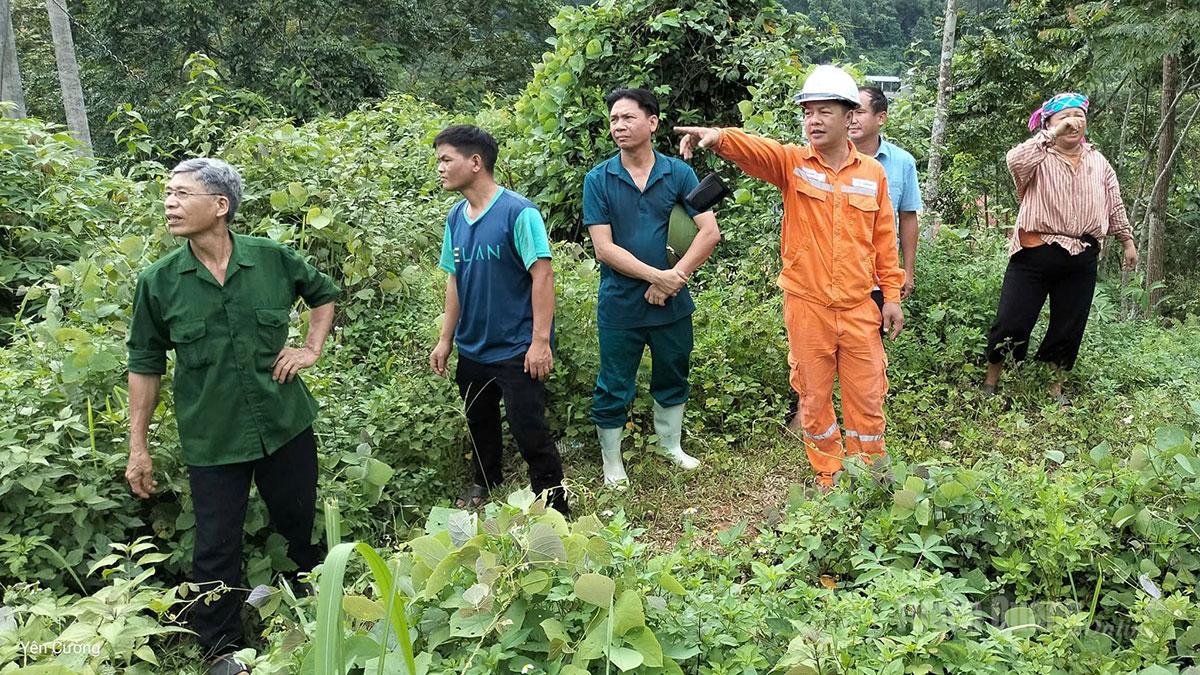 Lãnh đạo xã Yên Cường kiểm tra khu vực sạt lở phía sau UBND xã.
