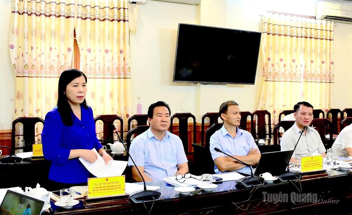 Đồng chí Lê Thị Thanh Trà, Ủy viên BCH Đảng bộ tỉnh, Phó Chủ tịch HĐND tỉnh phát biểu tại cuộc họp.