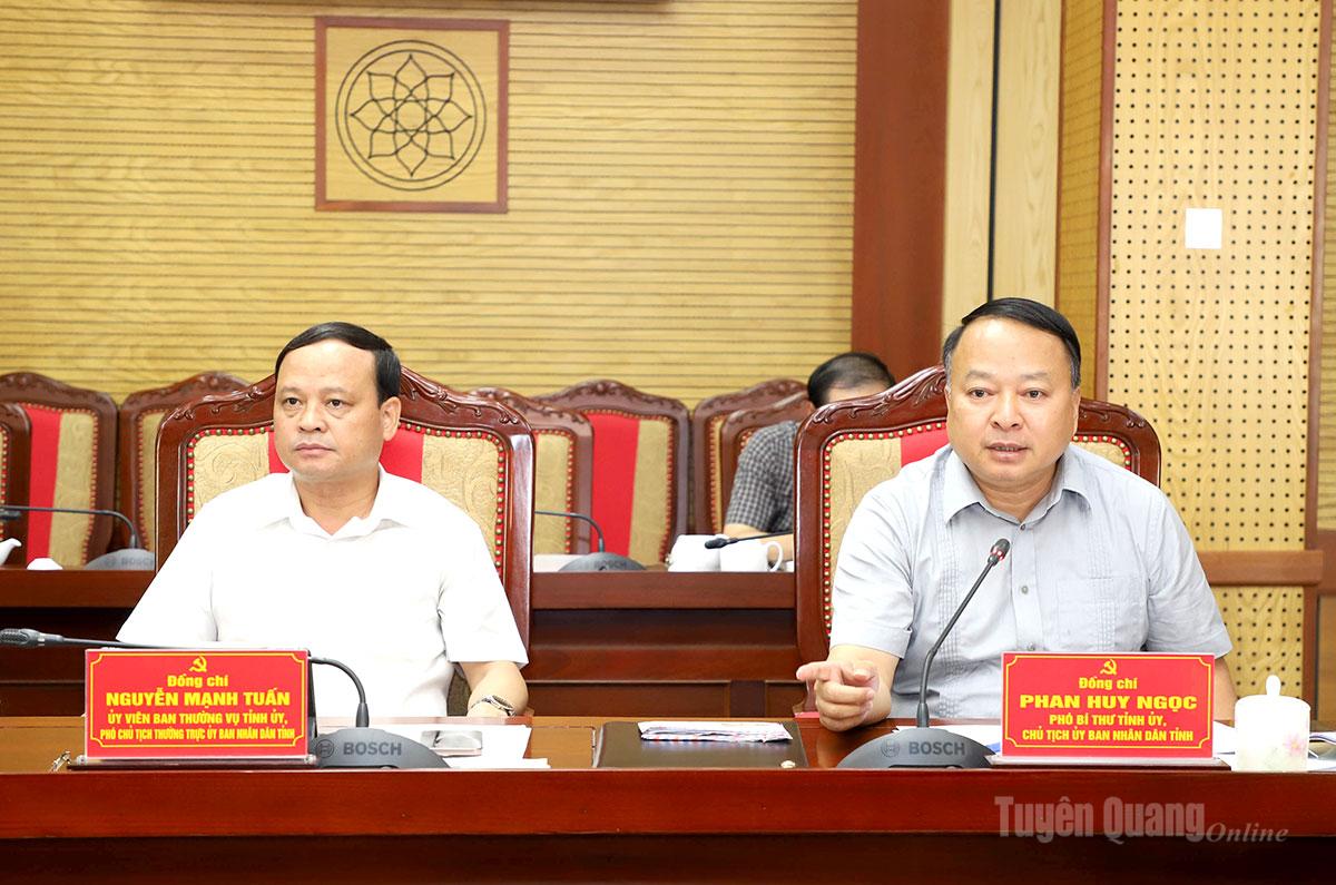 Phó Bí thư Tỉnh ủy, Chủ tịch UBND tỉnh Phan Huy Ngọc phát biểu tại hội nghị.