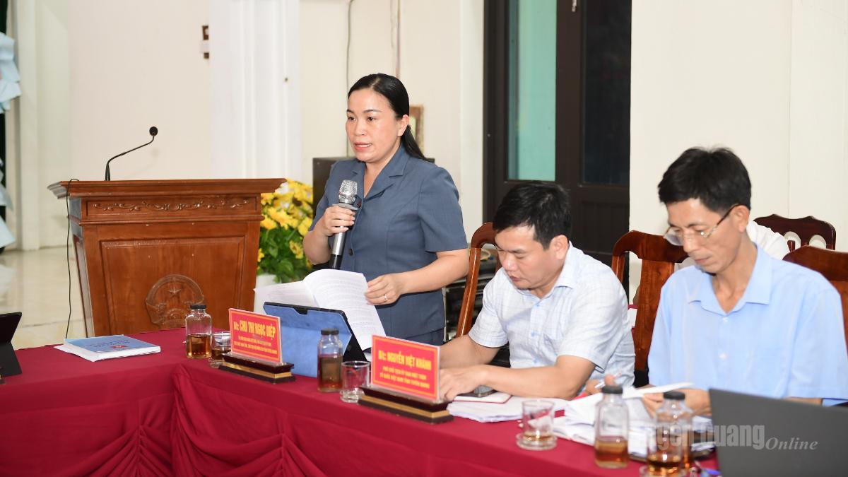 Đồng chí Chu Thị Ngọc Diệp, Ủy viên BCH Đảng bộ tỉnh, Phó Chủ tịch Ủy Ban MTTQ tỉnh, Chủ tịch Hội Nông dân tỉnh, Phó Trưởng đoàn kiểm tra, giám sát phát biểu tại buổi làm việc.