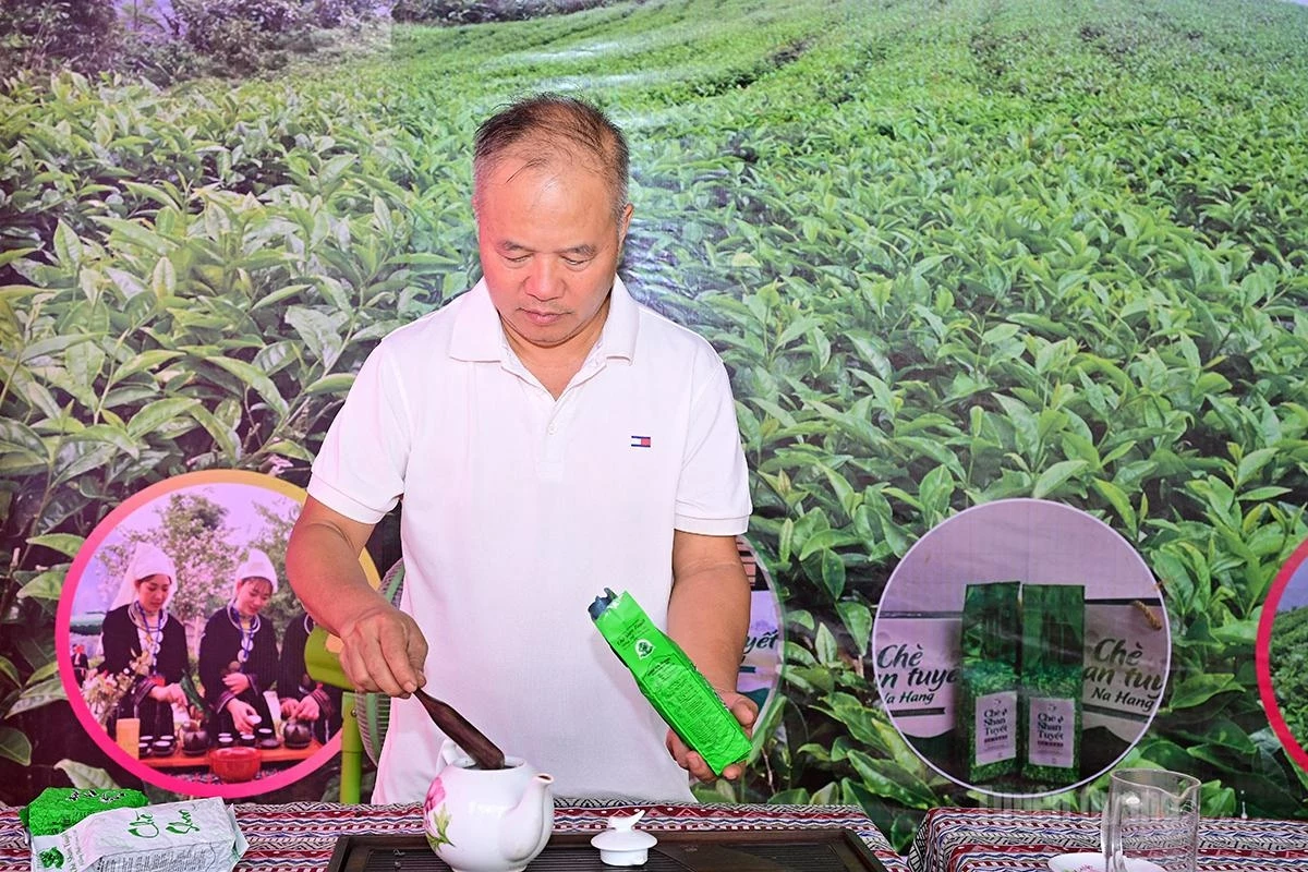 The owner of Son Tra Tea Cooperative prepares Shan Snow tea for visitors at the exhibition booth.