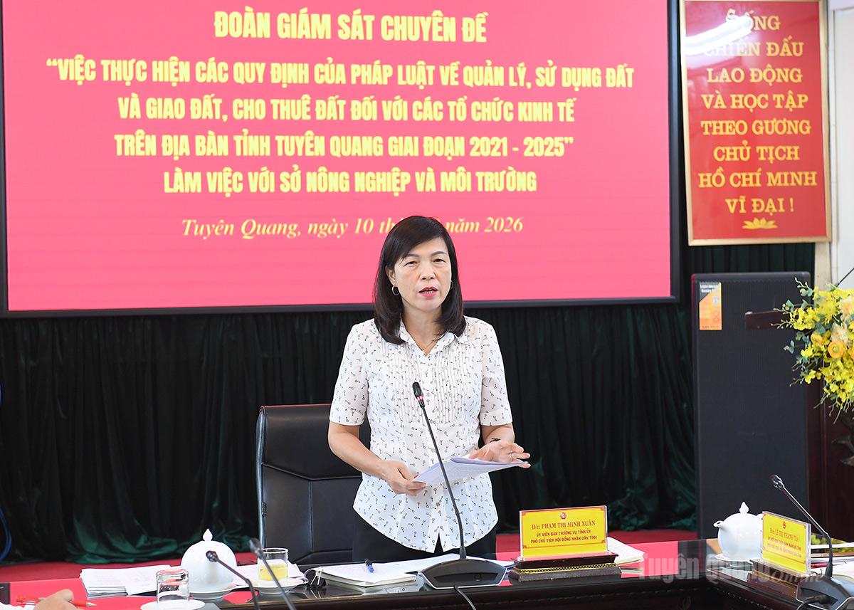 Đồng chí Phạm Thị Minh Xuân, Ủy viên Ban Thường vụ Tỉnh ủy, Phó Chủ tịch HĐND phát biểu kết luận buổi làm việc.