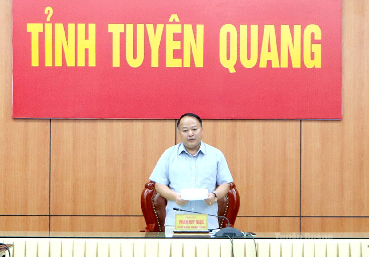 Đồng chí Phan Huy Ngọc, Phó Bí thư Tỉnh ủy, Chủ tịch UBND tỉnh phát biểu tại cuộc họp.