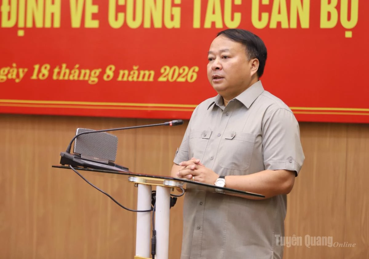 Chủ tịch UBND tỉnh Phan Huy Ngọc phát biểu giao nhiệm vụ cho các đồng chí được phân công, điều động, bổ nhiệm.
